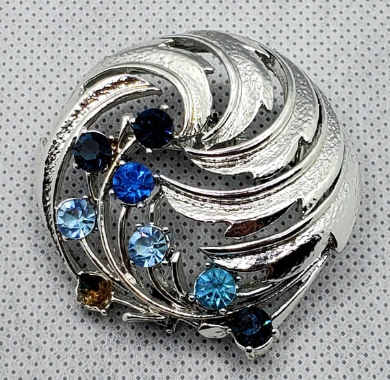 Vintage Coro Blue Rhinestone and Silver Brooch - image 1