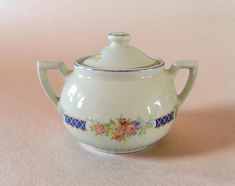 Vintage Halls Superior Kitchenware Blue Bouquet Boston Sugar Bowl