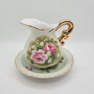 Lefton China Green Heritage Cabbage Rose Small Pitcher & Bowl Set # 4577 Hand Painted