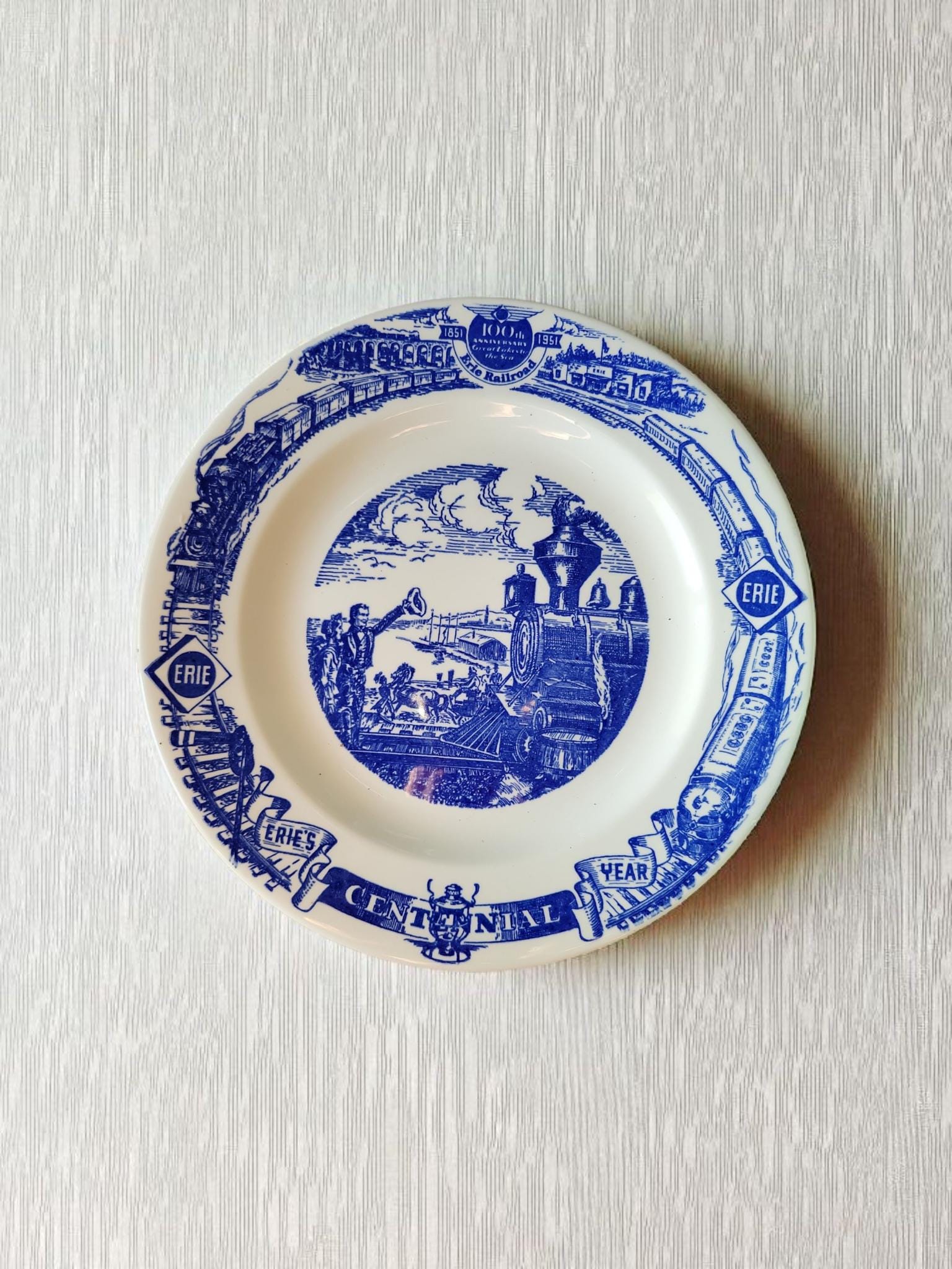 METROPOLITAN RAILWAY アンティークプレート Vintage Erie Railroad Centennial Blue and White Commemorative