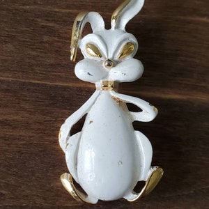 Vintage Gold and White Enamel Rabbit Brooch