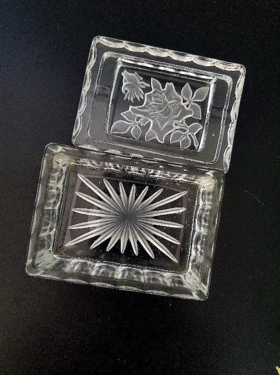 vintage glass cigarette holder Vintage Etched Glass Cigarette Box and Ashtray