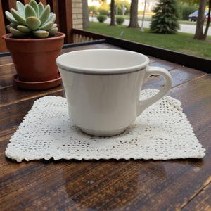 May include: A white ceramic mug with a gray rim sits on a white crocheted doily. A potted succulent plant is in the background. The mug is on a dark brown wooden table, with a view of a green lawn and trees.