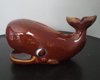 Vintage Marineland Ceramic Brown Whale Coin Bank