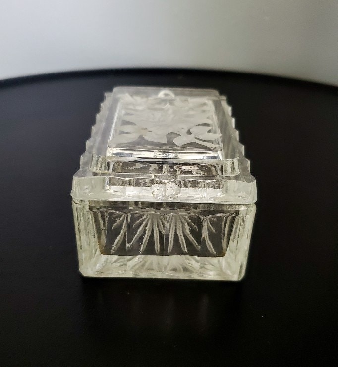 vintage glass cigarette box Vintage Etched Glass Cigarette Box and Ashtray