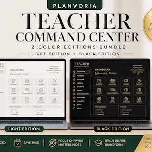 Op de afbeelding: Twee laptops tonen een digitaal Teacher Command Center planningssysteem. Het ene scherm toont een lichte editie met een witte achtergrond, het andere een zwarte editie met een donkere achtergrond. Beide bevatten interactieve dashboards met iconen voor planning, kalender, lessen, studenten, cijfers, communicatie, bronnen, financiën, doelen en notities.