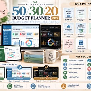 May include: A digital 50/30/20 budget planner pro package featuring multiple device displays showing financial dashboards, charts, and calendars. Includes a list of included files, key features, and three colour themes: sage green, dusty blue, and black and gold.