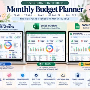 Monthly Budget Planner Bundle, Excel Budget Spreadsheet, Google Sheets Expense Tracker, Interactive HTML Finance Dashboard