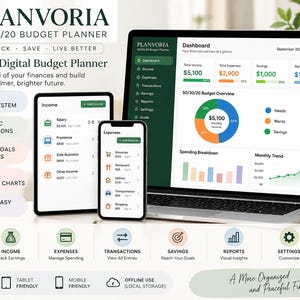 May include: A Planvoria 50/30/20 digital budget planner displayed on a laptop, tablet, and smartphone. The screens show financial dashboards, income and expense trackers, pie charts, and bar graphs with green, blue, and orange accents.