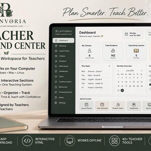 Könnte beinhalten: Ein Laptop mit dem PlanVoria Teacher Command Center Dashboard, einem interaktiven digitalen Arbeitsbereich. Der Bildschirm zeigt Bereiche für Klassen, Schüler, Lektionen und Aufgaben. Text beinhaltet Plan Smarter. Teach Better. und No Subscription Required.