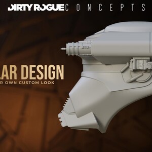 May include: A light gray, futuristic helmet design with a modular construction. The image includes the text "MODULAR DESIGN CREATE YOUR OWN CUSTOM LOOK" and the logo "DIRTY ROGUE CONCEPTS" in white.