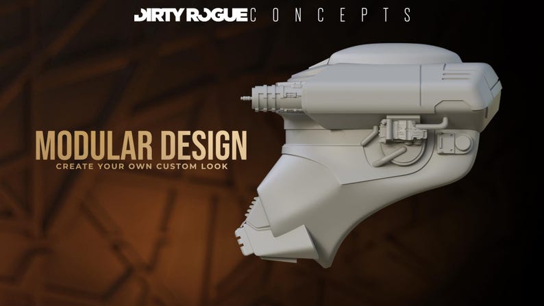 May include: A light gray, futuristic helmet design with a modular construction. The image includes the text "MODULAR DESIGN CREATE YOUR OWN CUSTOM LOOK" and the logo "DIRTY ROGUE CONCEPTS" in white.