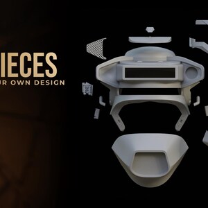 May include: An exploded view of a futuristic helmet design, composed of 25 pieces. The image features a dark background with the text "25 PIECES CHOOSE YOUR OWN DESIGN" in gold lettering. The helmet components are rendered in a light gray color.