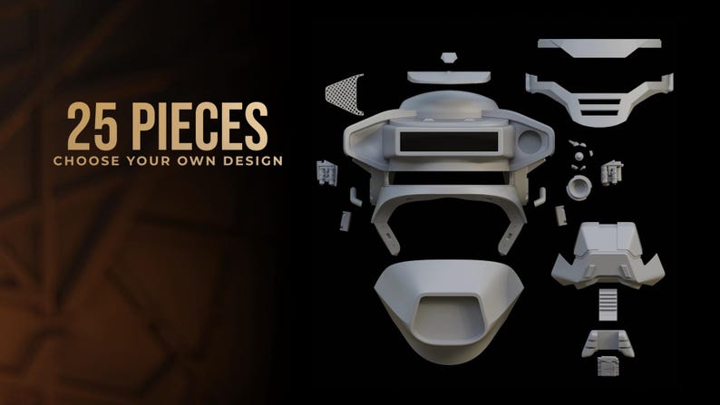 May include: An exploded view of a futuristic helmet design, composed of 25 pieces. The image features a dark background with the text "25 PIECES CHOOSE YOUR OWN DESIGN" in gold lettering. The helmet components are rendered in a light gray color.
