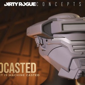 May include: A gray, futuristic helmet with a visor and intricate details. The helmet is labeled "ROTOCASTED" with the text "EACH HELMET IS MACHINE CASTED" below. The brand name "DIRTY ROGUE CONCEPTS" is at the top.