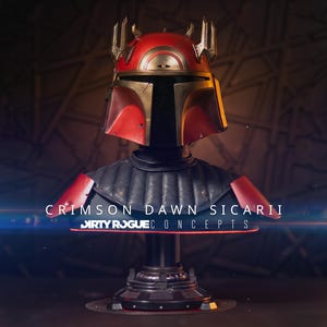 Puede incluir: Un busto de casco y armadura Crimson Dawn Sicarii. El casco es rojo y dorado con un dise&ntilde;o distintivo en forma de corona. La armadura es negra con detalles rojos. Se muestra el texto "Crimson Dawn Sicarii" y "Dirty Rogue Concepts".