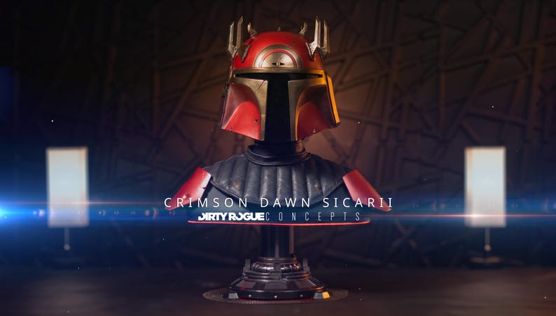 Puede incluir: Un busto de casco y armadura Crimson Dawn Sicarii. El casco es rojo y dorado con un dise&ntilde;o distintivo en forma de corona. La armadura es negra con detalles rojos. Se muestra el texto "Crimson Dawn Sicarii" y "Dirty Rogue Concepts".