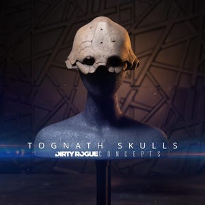 May include: A dark blue bust with a weathered skull-like mask. The mask is off-white with dark markings and sits atop the bust. The text "TOGNATH SKULLS" and "DIRTY ROGUE CONCEPTS" are displayed at the bottom of the image.
