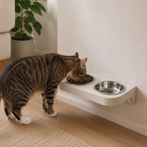 Pode incluir: Uma estação de alimentação de parede branca para animais de estimação com duas tigelas circulares de aço inoxidável. Uma tigela contém ração seca enquanto a outra está vazia. Um gato malhado castanho come da tigela esquerda do comedouro elevado.