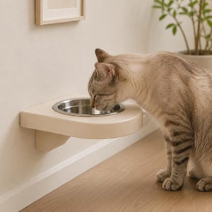Puede incluir: Una estación de alimentación para mascotas de color beige montada en la pared que cuenta con un cuenco circular de acero inoxidable. La estructura está fijada directamente a la pared, proporcionando una superficie elevada para un gato.