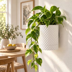 Può includere: Un vaso cilindrico bianco da parete con un motivo a rombi in rilievo sulla superficie esterna. Il vaso contiene una pianta di pothos ricadente con foglie a forma di cuore variegate di verde e giallo che scendono lungo il lato del contenitore.
