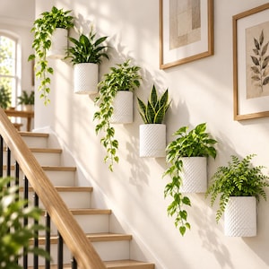 May include: Six white cylindrical wall planters with a textured diamond pattern, each containing a different green houseplant. The planters are mounted in a staggered arrangement along a wall next to a wooden staircase with black railings.