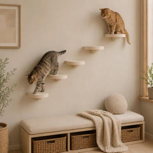 Pode incluir: Um conjunto de cinco prateleiras de parede semicirculares para gatos com acabamento em bege claro, dispostas num padrão de escada escalonada. Dois gatos estão nas prateleiras, um gato malhado a subir e um gato laranja sentado no topo.