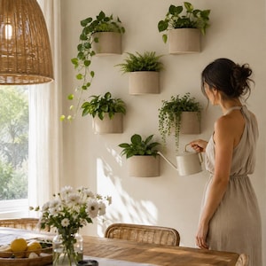 Op de afbeelding: Zes beige, cilindervormige, geribbelde wandplantenbakken zijn op een lichte muur bevestigd. Elke bak bevat een groene kamerplant, sommige met hangende ranken. Een lichte gieter wordt gebruikt om een van de hangende planten water te geven.