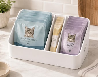 Pet Food Packet Organizer, 3-Section Plastic Storage for Cat Pouches & Treats