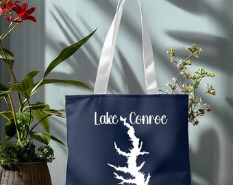 Lake Conroe Tote Bag - Printed on Front/Back with 3 Size Options (13"-16"-18")
