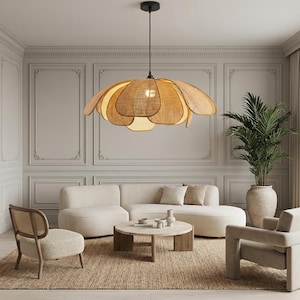 Flower Rattan Cane Pendant Light | Handmade Boho Chic Light Fixture | Petal Lamp for Living Room & Dining Room | Artisanal Lighting
