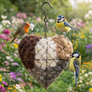 Heart Shaped Bird Nest Holder – Hanging Garden Bird Nesting Station with Natural Fibers, Outdoor Bird Habitat Decor