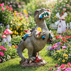 Funny Dinosaur Garden Gnome – Resin dinosaur garden gnome eating garden gnomes, whimsical garden decoration, gift figurine for the garden