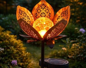 Luce solare da giardino a forma di fiore di loto – Lanterna solare in metallo per esterni, luce da giardino a forma di petalo cavo, decorazione per patio e cortile