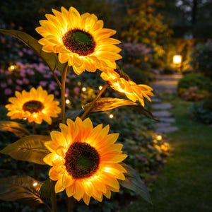 May include: Solar-powered artificial sunflowers with glowing yellow petals and dark brown centres. The garden decor features multiple flower heads and green leaves, creating a warm glow in an outdoor setting. Each sunflower is approximately 60 cm tall.