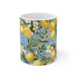 Lemon Ceramic Mug, Mediterranean Coffee Cup, Blue Lemon Pattern Mug, Watercolor Citrus Tea Cup, Summer Kitchen Decor, Gift for Lemon Lovers