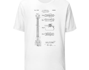 T-shirt verni pour guitare Leo Fender | Brevet américain 1944 | T-shirt cadeau musique guitariste vintage