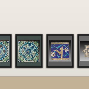 May include: Four framed wall art pieces featuring intricate tile designs. Two square frames display blue, green, and white floral patterns. A third frame shows a blue tile with gold calligraphy. The fourth frame contains a star-shaped metallic tile.
