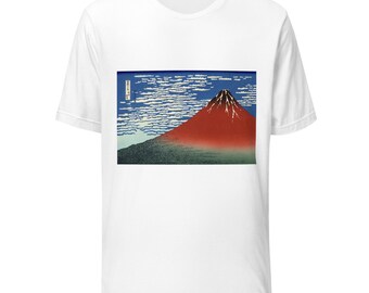 T-shirt Fuji rouge Hokusai | Petit vent clair matin | T-shirt d'art ukiyo-e estampe sur bois japonais