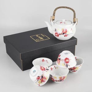 Japanisches Teekannen- und Teetassen-Set - Mino Ware Floral-Tee-Set mit Golddesign, Kyusu-Teekanne 5 Tassen, hergestellt in Japan