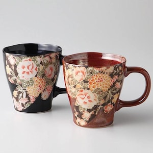 Japanese Mino Ware Kaga Yuzen Pair Mug Set – Elegant Ceramic Coffee Mugs Gift, Made in Japan
