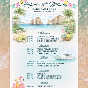 Könnte beinhalten: Eine personalisierte Einladung zu Maddies 30. Geburtstag in Cabo San Lucas, mit einer Strandszene mit Palmen, Meer und einer Yacht. Die Reiseroute umfasst Aktivitäten wie Pooltage, Bootsausflüge und Abendessen. Die Einladung ist mit bunten Bannern verziert.