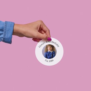Può includere: Un sottobicchiere circolare bianco con la foto di una bambina con una giacca blu. Il sottobicchiere riporta la scritta "40° compleanno di Fiona" e "Est. 1986". Tenuto in mano con smalto rosa su sfondo rosa.