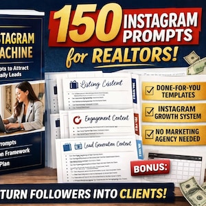 Instagram-innehållskit för mäklare – 150 AI-prompter, Canva-mallar, DM-skript