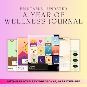 May include: A Year of Wellness Journal, a printable, undated journal with colorful monthly covers. The journal includes pages for daily structure, five-sense puzzles, and boundary puzzles. Available in A5, A4, and letter sizes.