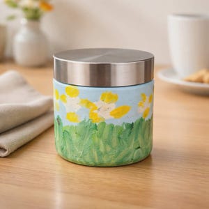 May include: A cylindrical container with a stainless steel lid. The container is painted with a light blue sky, yellow flowers, and green grass. The jar is sitting on a wooden surface.