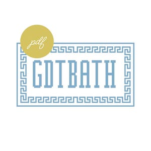 May include: A rectangular design with the text "GDTBATH" in light blue, framed by a Greek key border. A yellow circle with the word "pdf" in script is in the upper left corner. The background is white.