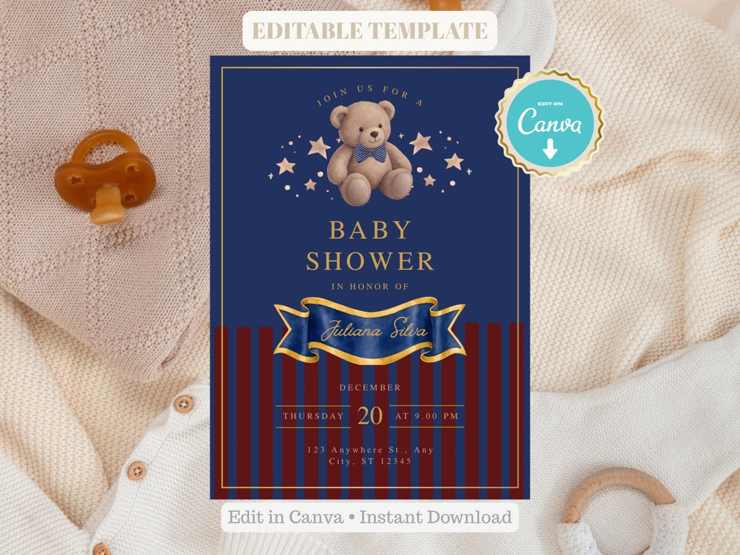Teddy Bear Polo Baby Shower Invitation Template Blue & Red | Editable ...