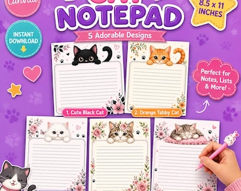 Könnte beinhalten: Ein digitales Notizblock-Set mit fünf verschiedenen Katzen-Motiven auf 21,59 x 27,94 cm großen Seiten. Jede Seite enthält linierte Schreibflächen, florale Akzente und Illustrationen von verschiedenen Katzen wie Tabby und Perser.