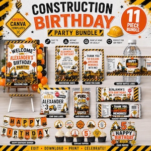 Construction Birthday Bundle Canva Template, Construction Birthday Party Decorations, Dump Truck Invitation, Printable Birthday Decor